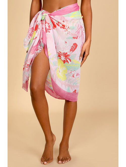 Lulus Hibiscus Hello Pink Floral Print Swim Cover-Up Scarf