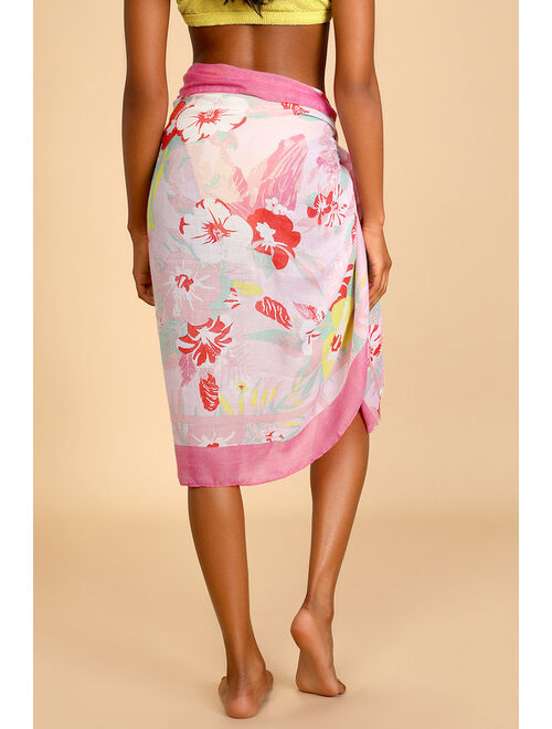 Lulus Hibiscus Hello Pink Floral Print Swim Cover-Up Scarf