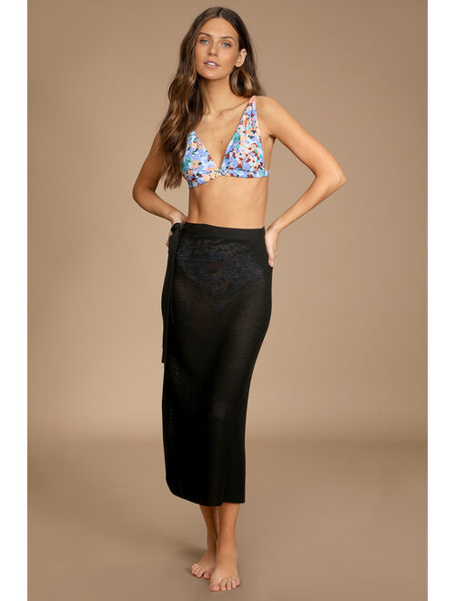 Lulus Breezy Beachside Black Loose Knit Swim Cover-Up Wrap Skirt