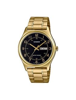 MTP-V006G-1B Men's Gold Tone Stainless Steel Easy Reader Black Dial Day Date Analog Dress Watch