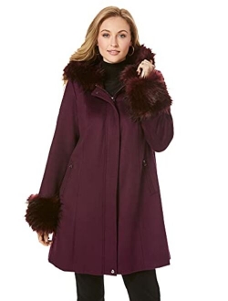 Jessica London Women's Plus Size Hooded Faux Fur Trim Coat Winter Wool Hooded Swing Coat