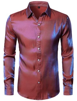 JOGAL Men's Shiny Satin Long Sleeve 70s Disco Shirt