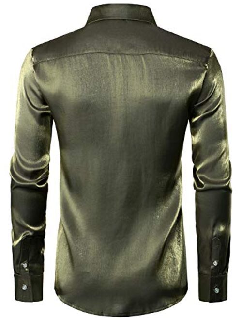 JOGAL Men's Shiny Satin Long Sleeve 70s Disco Shirt