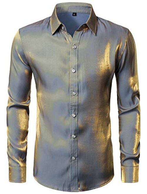 JOGAL Men's Shiny Satin Long Sleeve 70s Disco Shirt