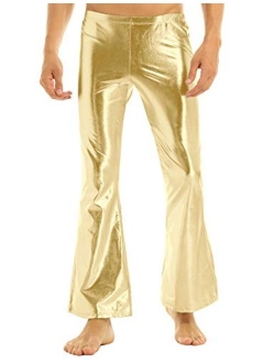 iEFiEL Adult Men's Shiny Metallic 70's Disco Dude Pants Leisure Long Pants Flared Bell Bottom Trousers Costume