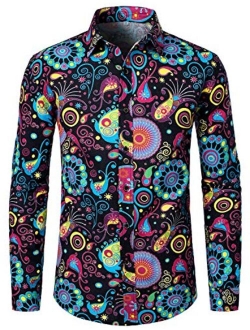 LucMatton Men's Linen Stylish Traditional Pattern Printed Long Sleeve Button up Shirt