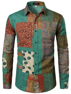 LucMatton Men's Linen Stylish Traditional Pattern Printed Long Sleeve Button up Shirt