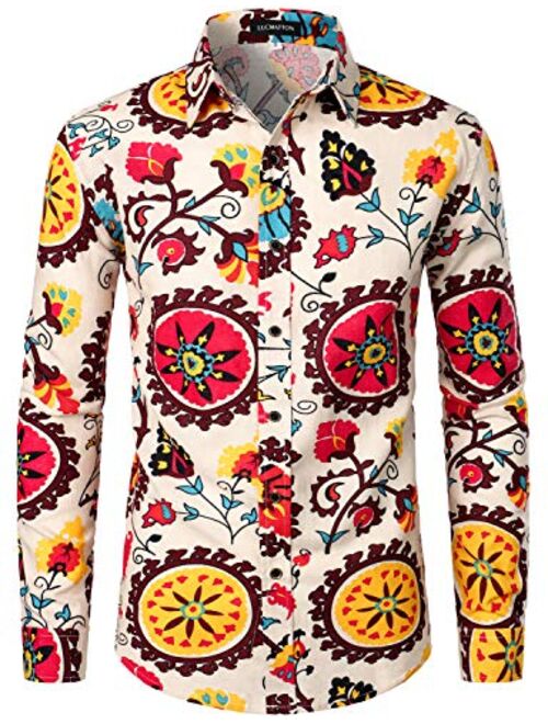 LucMatton Men's Linen Stylish Traditional Pattern Printed Long Sleeve Button up Shirt