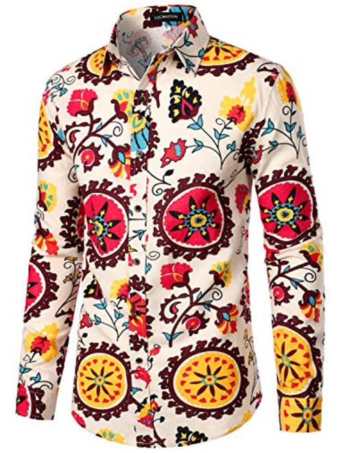 LucMatton Men's Linen Stylish Traditional Pattern Printed Long Sleeve Button up Shirt