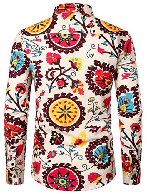 LucMatton Men's Linen Stylish Traditional Pattern Printed Long Sleeve Button up Shirt