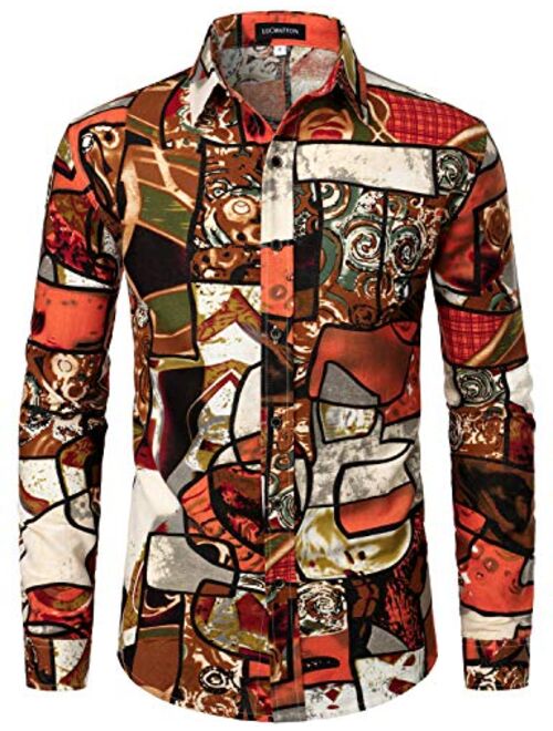 LucMatton Men's Linen Stylish Traditional Pattern Printed Long Sleeve Button up Shirt