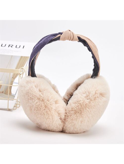 Fashion Winter Women Outdoor Earmuff Bowknot Foldable Cover Earphones Thick Plush Ear Warm Fluffy Fur Patchwork Headphone Girls