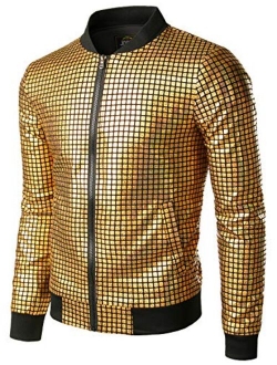 JOGAL Men's Metallic Sequins Baseball Bomber Jacket 70s Disco Party Jacket