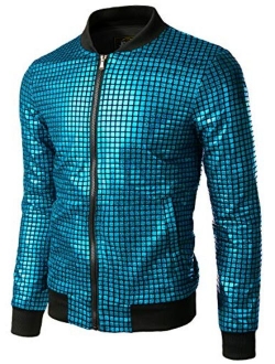 JOGAL Men's Metallic Sequins Baseball Bomber Jacket 70s Disco Party Jacket