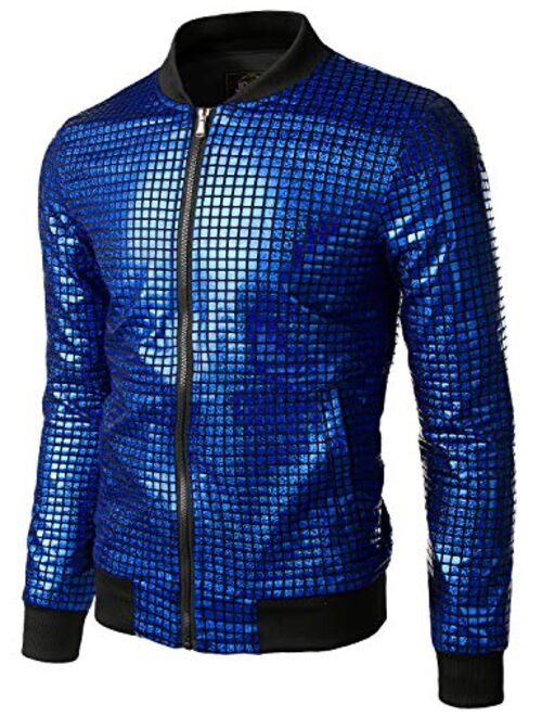 Buy JOGAL Men s Metallic Sequins Baseball Bomber Jacket 70s Disco Party Jacket online Topofstyle