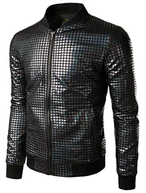 JOGAL Men's Metallic Sequins Baseball Bomber Jacket 70s Disco Party Jacket