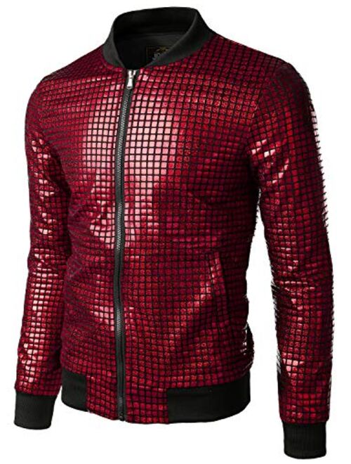 JOGAL Men's Metallic Sequins Baseball Bomber Jacket 70s Disco Party Jacket