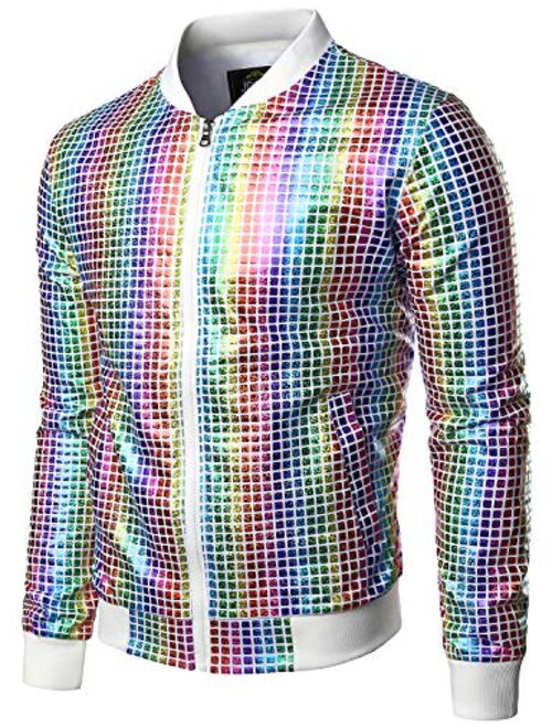 JOGAL Men's Metallic Sequins Baseball Bomber Jacket 70s Disco Party Jacket