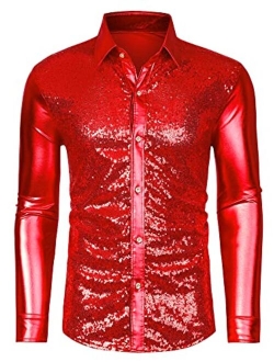 Lars Amadeus Men's Sequin Dress Shirt Button Down 70s Disco Party Sparkly Metallic Shirt