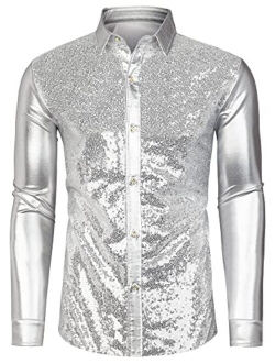 Lars Amadeus Men's Sequin Dress Shirt Button Down 70s Disco Party Sparkly Metallic Shirt