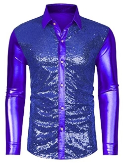 Lars Amadeus Men's Sequin Dress Shirt Button Down 70s Disco Party Sparkly Metallic Shirt