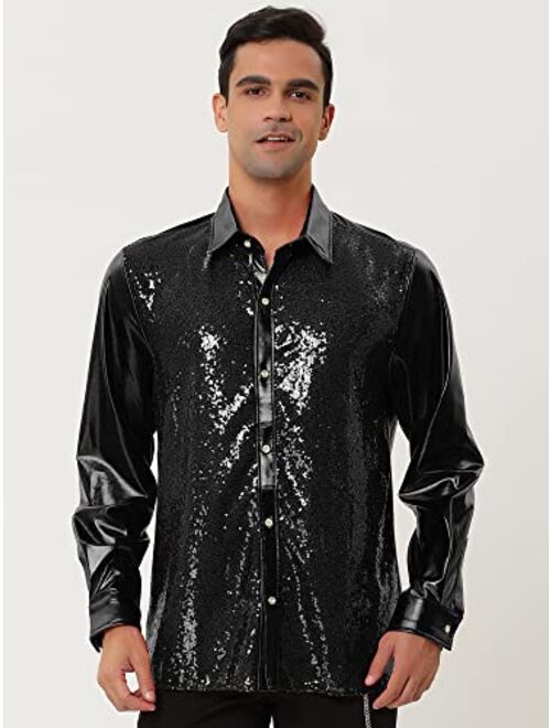 Lars Amadeus Men's Sequin Dress Shirt Button Down 70s Disco Party Sparkly Metallic Shirt