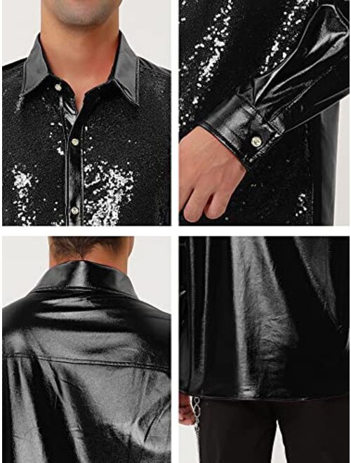 Lars Amadeus Men's Sequin Dress Shirt Button Down 70s Disco Party Sparkly Metallic Shirt