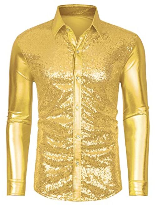 Lars Amadeus Men's Sequin Dress Shirt Button Down 70s Disco Party Sparkly Metallic Shirt