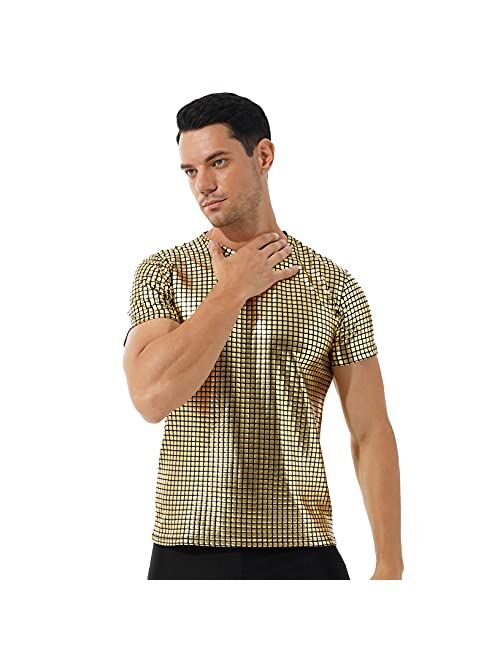 ACSUSS Men Shiny Metallic Dance Top Short Sleeve T-Shirt Night Club Music Festival Disco Costume