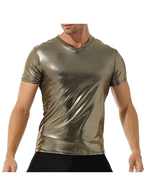 ACSUSS Men Shiny Metallic Dance Top Short Sleeve T-Shirt Night Club Music Festival Disco Costume