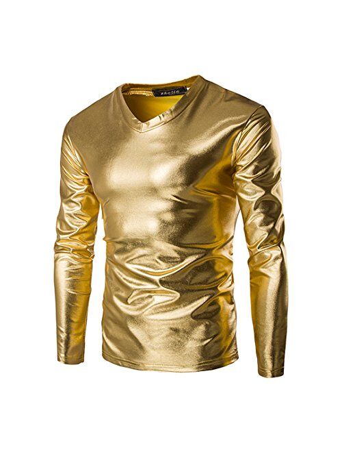 Novia's Choice Men Shiny Metallic Shirt Blouse T-Shirt Tee for Nightclub