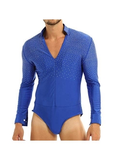 YiZYiF Men's Sequins V Neck Dance Shirts Unitard Ballroom Modern Latin Long Sleeve Dancewear