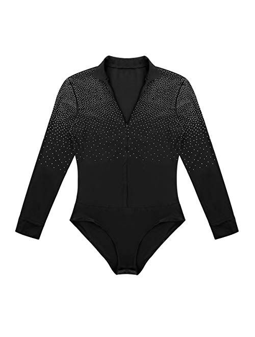 YiZYiF Men's Sequins V Neck Dance Shirts Unitard Ballroom Modern Latin Long Sleeve Dancewear