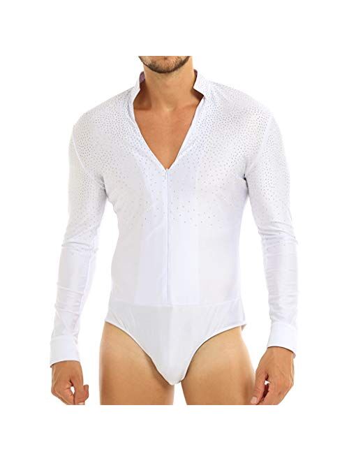 YiZYiF Men's Sequins V Neck Dance Shirts Unitard Ballroom Modern Latin Long Sleeve Dancewear