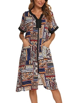 YOZLY Housecoat Womens Short Sleeve House Dress Zipper Front Duster Robe Lightweight Loungewear S-XXL