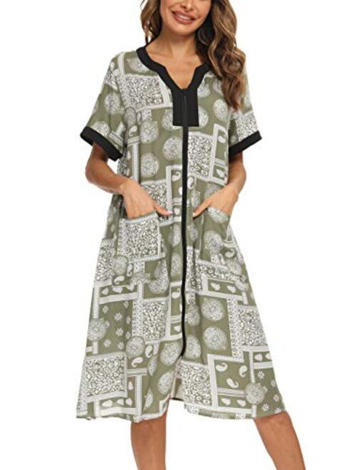 YOZLY Housecoat Womens Short Sleeve House Dress Zipper Front Duster Robe Lightweight Loungewear S-XXL