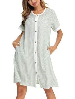 YOZLY House Dress Womens Short Sleeve Housecoat Duster Robe Button Down Nightgown S-XXL