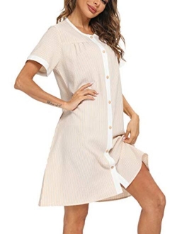 YOZLY House Dress Womens Short Sleeve Housecoat Duster Robe Button Down Nightgown S-XXL