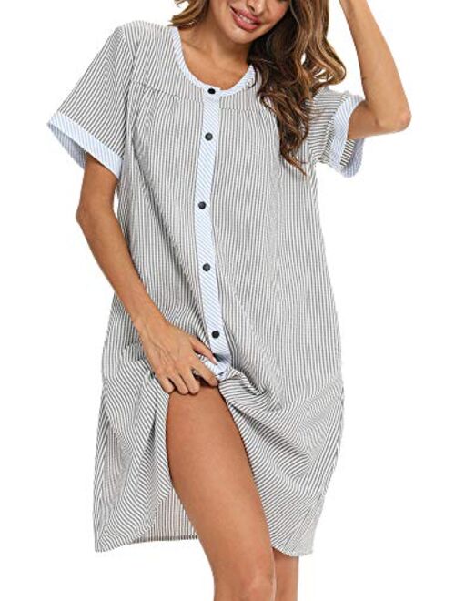 YOZLY House Dress Womens Short Sleeve Housecoat Duster Robe Button Down Nightgown S-XXL