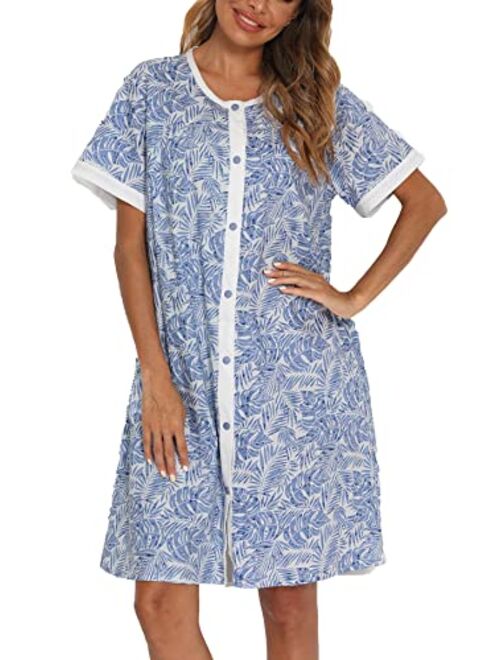 YOZLY House Dress Womens Short Sleeve Housecoat Duster Robe Button Down Nightgown S-XXL