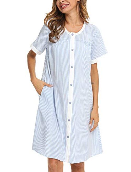 YOZLY House Dress Womens Short Sleeve Housecoat Duster Robe Button Down Nightgown S-XXL