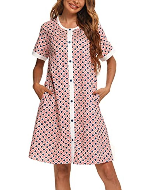 YOZLY House Dress Womens Short Sleeve Housecoat Duster Robe Button Down Nightgown S-XXL