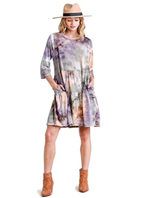 umgee USA Women's Marble Tie Dye Tiered Knit Dress