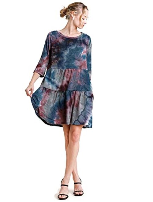 umgee USA Women's Marble Tie Dye Tiered Knit Dress