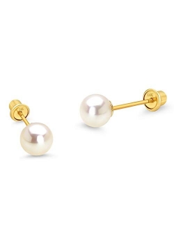 14k Yellow Gold 4-6mm Simulated Pearl Children Screw Back Baby Girls Earrings