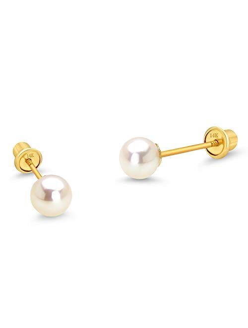 Lovearing 14k Yellow Gold 4-6mm Simulated Pearl Children Screw Back Baby Girls Earrings