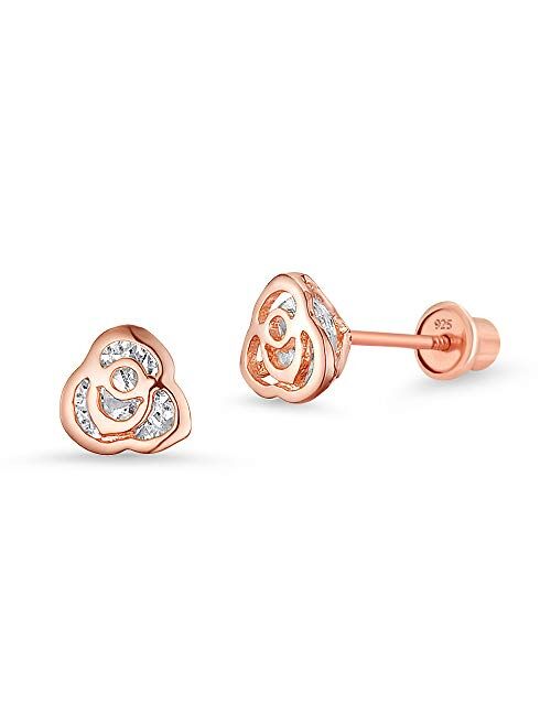 Lovearing Rose Gold Tone Flower Cubic Zirconia Screwback Baby Girls Earrings Sterling Silver Post