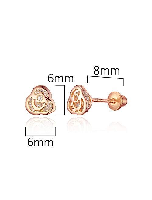 Lovearing Rose Gold Tone Flower Cubic Zirconia Screwback Baby Girls Earrings Sterling Silver Post