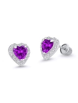 925 Sterling Silver Rhodium Plated Heart Cubic Zirconia Screwback Baby Girls Earrings