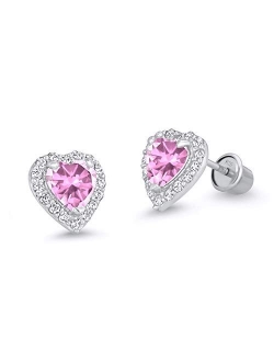 925 Sterling Silver Rhodium Plated Heart Cubic Zirconia Screwback Baby Girls Earrings